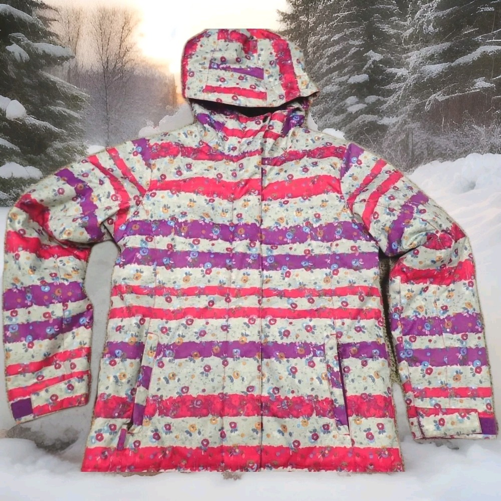 Roxy Snow Jacket Girls XL 16 Pink Purple Floral Stripe Excellent 10K‎ DryFlight